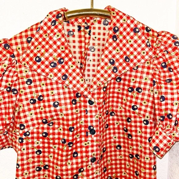 VINTAGE Handmade Seersucker Gingham & Blueberries Collared Mini Dress SZ: SMALL - Picture 2 of 11